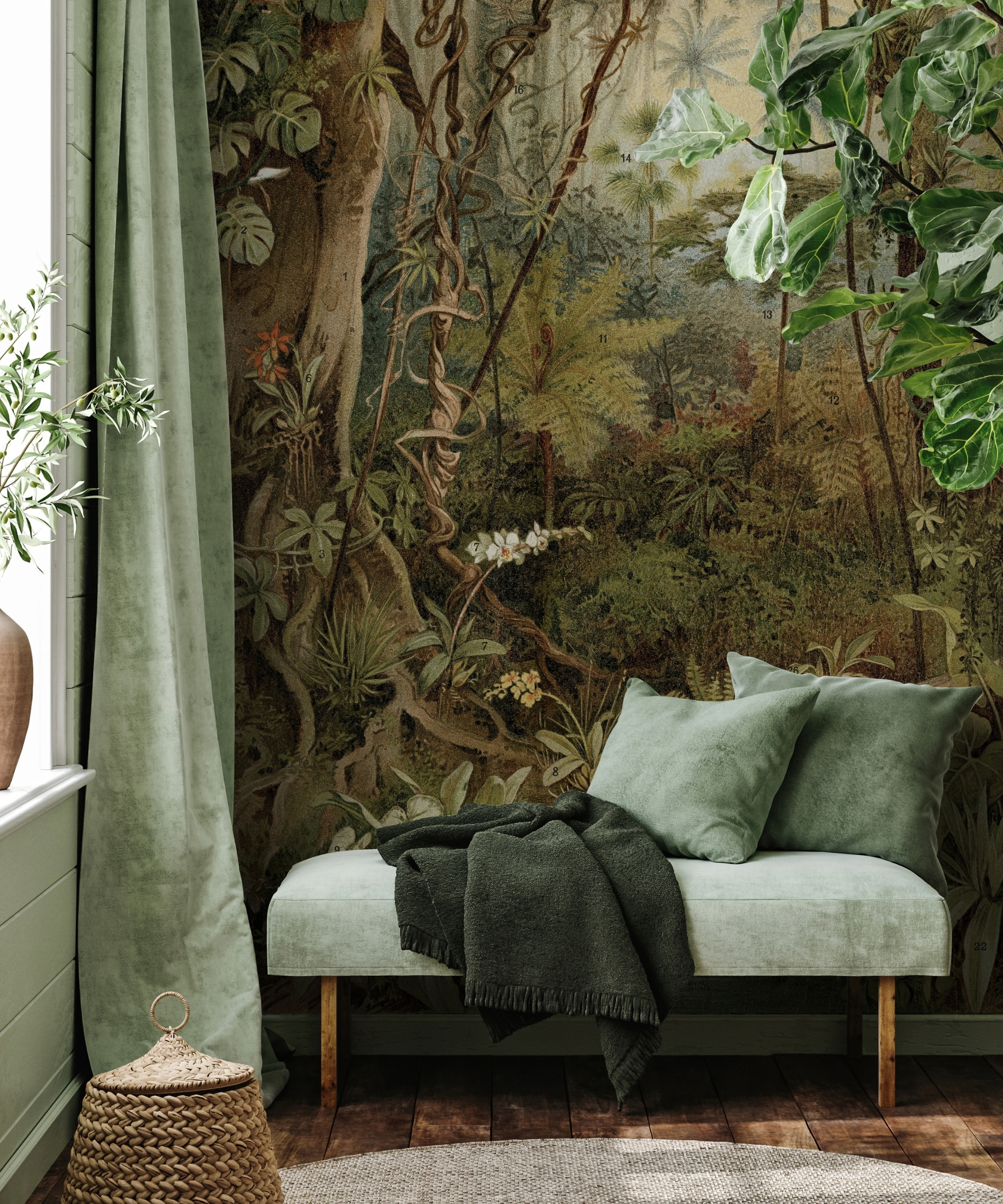 Sage velvet bench with cushions and dark green throw against a jungle mural, with green curtains and a wicker basket