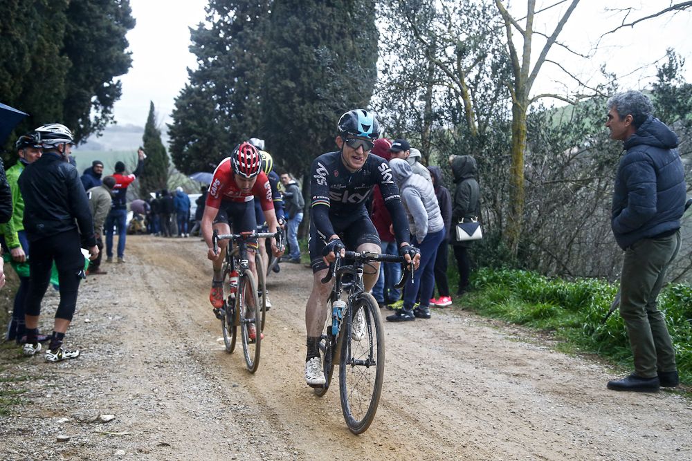 Michal Kwiatkowski on his way to winning the 2017 Strade Bianche