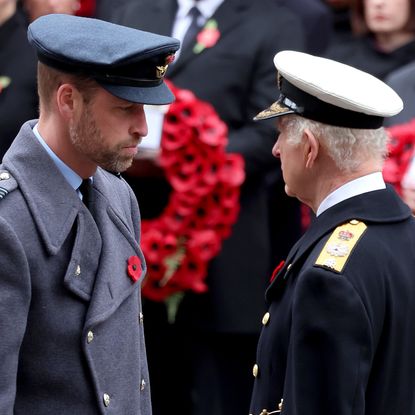 Prince William and King Charles facing each other wearing military uniforms in front of a wreath of poppies