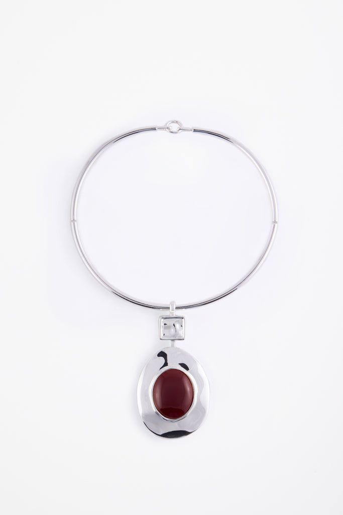 Stone Drop Necklace (silver/oxblood)