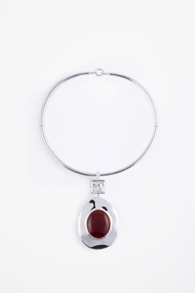Stone Drop Necklace (silver/oxblood)