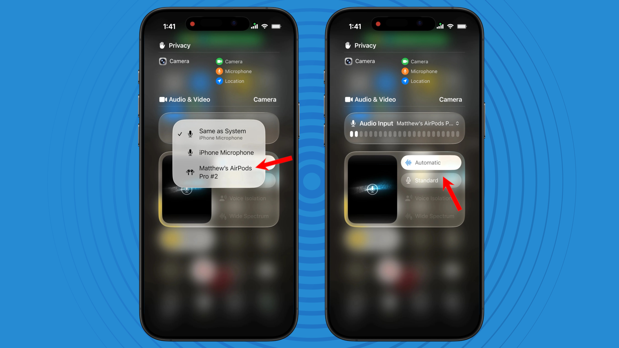 Instruction screenshots for how to use AirPods as a video mic