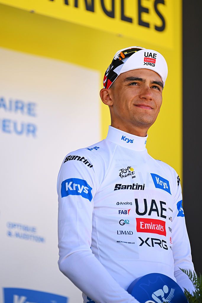 LES ANGLES, FRANCE - JULY 06: Isaac Del Toro of Mexico and UAE Team Emirates - XRG celebrates at podium as White Best Young Rider Jersey winner during 113th Tour de France 2026, Stage 3 a 195.9km stage from Granollers to Les Angles 1801m / #UCIWT / on July 06, 2026 in Les Angles, France. (Photo by Tim de Waele/Getty Images)