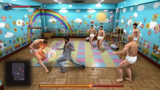 Kiryu battles a group of yakuza dressed in nappies in Yakuza Kiwami 2