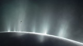 An illustration of NASA's Cassini orbiter soaring through a giant vapor jet over the moon Enceladus 