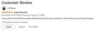 An Amazon review of milk written by Jeff Bezos in 2006.