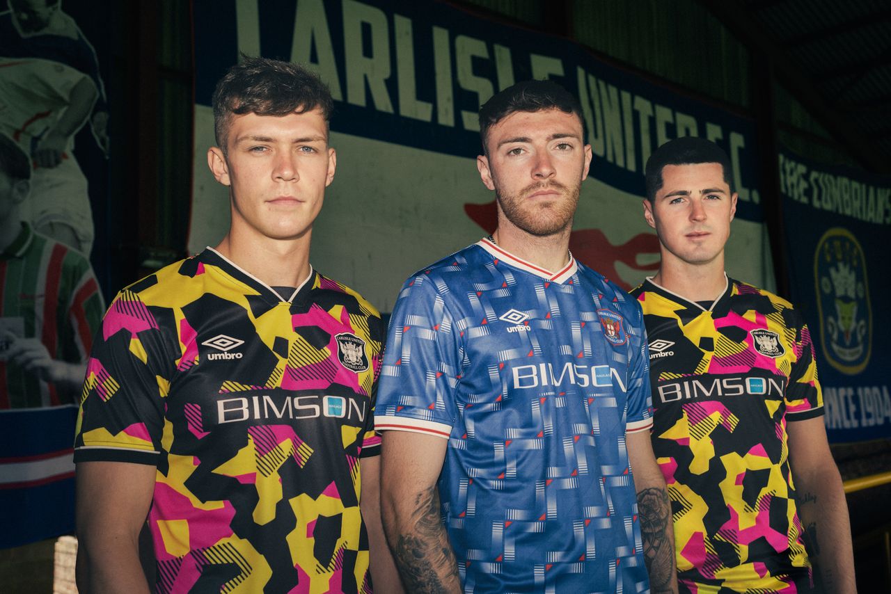 Carlisle United's home and away Umbro shirts from 2024-25