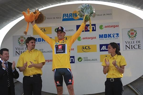 Caisse d'Epargne's Leon-Luis Sanchez celebrates his overall win in Nice.