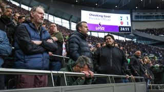 Tottenham fans react as their first goal is disallowed by VAR during the Premier League match between Tottenham Hotspur and Arsenal FC at Tottenham Hotspur Stadium on April 28, 2024 in London, England.(Photo by Charlotte Wilson/Offside/Offside via Getty Images)