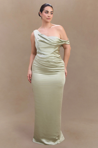 Dalia Off Shoulder Satin Maxi Dress - Sage Xxs