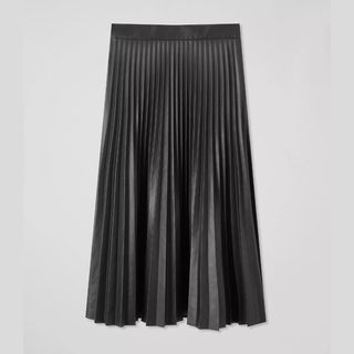 A cutout of the LK Bennett Laurie Black Faux Leather Pleated Skirt against a grey background