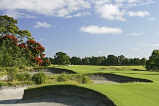 The 391 metre par 4, 18th hole on the Kingston Heath Golf Club, on January 03, 2005, in Cheltenham, Melbourne, Victoria, Australia.