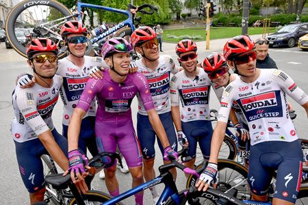 SOFIA, BULGARIA - MAY 10: Stage winner Paul Magnier of France and Team Soudal Quick-Step - Purple Points Jersey celebrates the victory of with his teammates Ayco Bastiaens of Belgium, Gianmarco Garofoli of Italy, Andrea Raccagni Noviero of Italy, Jasper Stuyven of Belgium, Fabio Van den Bossche of Belgium, Dries Van Gestel of Belgium, Filippo Zana of Italy after the 109th Giro d'Italia 2026, Stage 3 a 175km stage from Plovdiv to Sofia / #UCIWT / on May 10, 2026 in Sofia, Bulgaria. (Photo by Dario Belingheri/Getty Images)