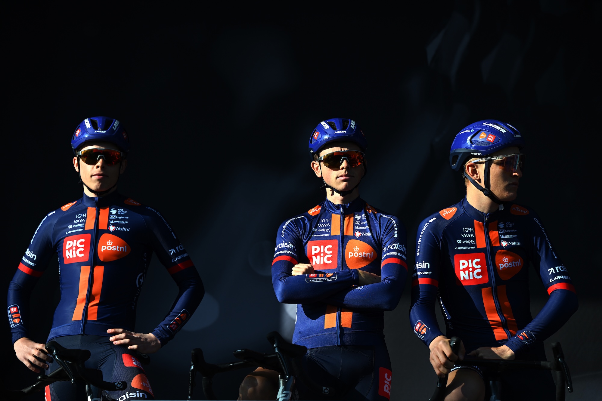 LIEGE, BELGIUM - APRIL 26: James Knox of Great Britain and Team Picnic PostNL (C) with teammates prior to the 112th Liege - Bastogne - Liege 2026 - Men's Elite a 259.5km one day race from Liege to Liege / #UCIWT / on April 26, 2026 in Liege, Belgium. (Photo by Dario Belingheri/Getty Images)