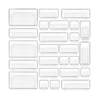 A set of twenty five different sized rectangular and square clear plastic containers in a square shape