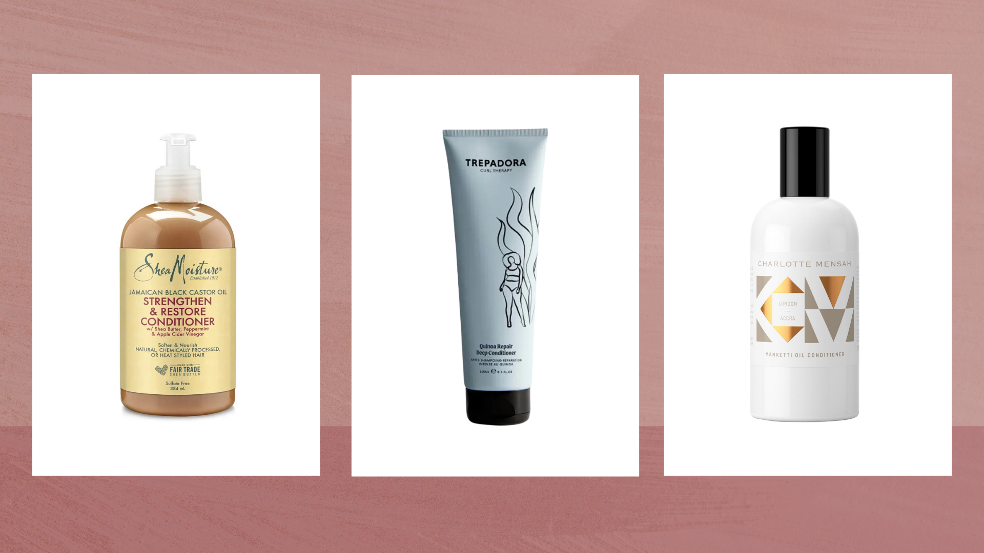 Collage of three of the best conditioners for curly hair featured in this guide from (left to right) Shea Moisture, Trepadora and Charlotte Mensah 