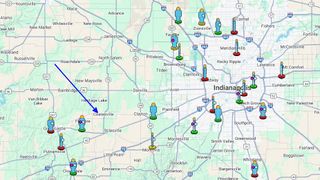 a green map of Indiana, with icons of blue-bodied people with yellow heads, some with green bases, some with red. A blue line and arrow on the left points southeast.