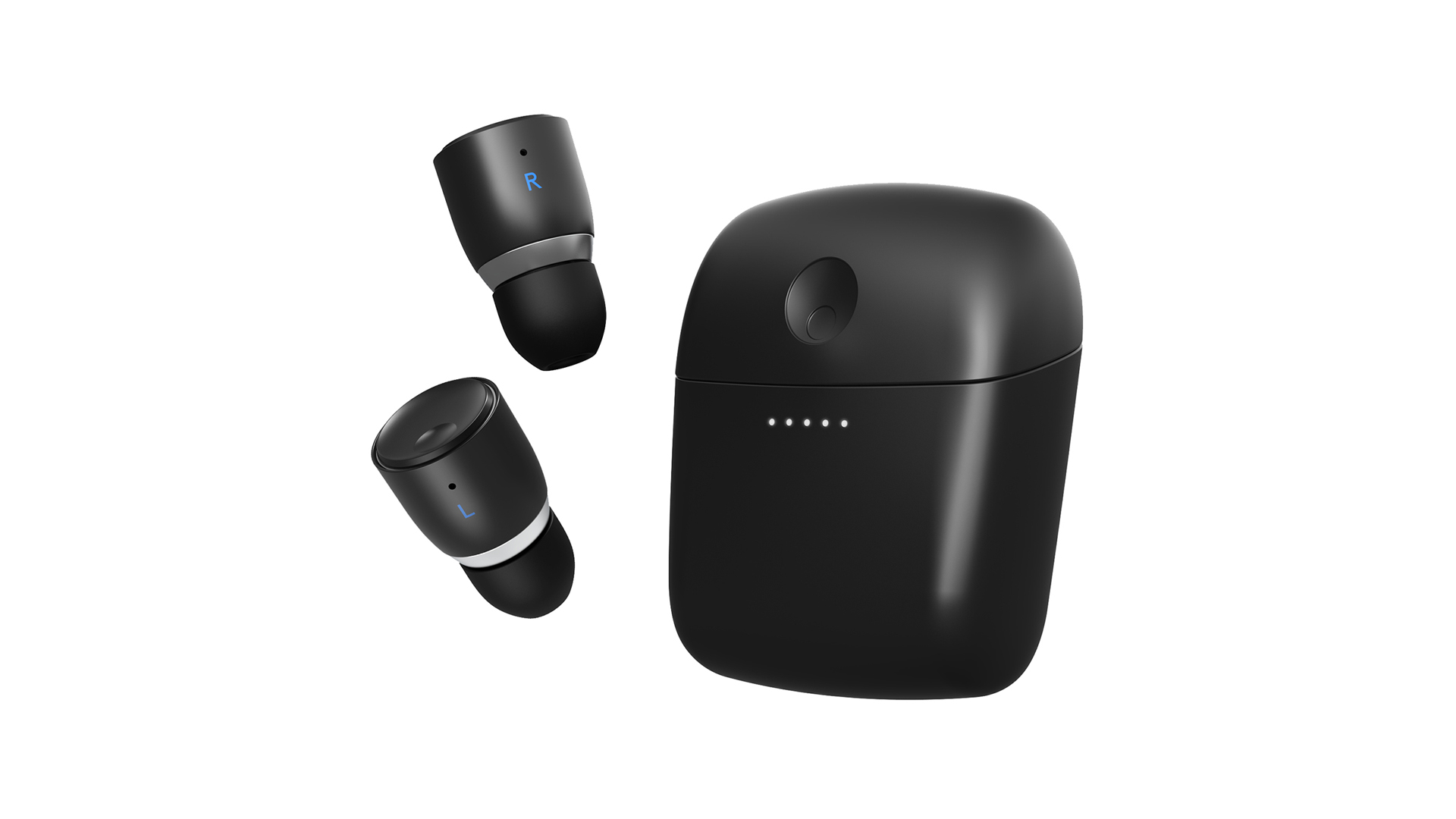 The cambridge audio melomania 1 plus true wireless earbuds, with the earbuds on the left and the charging case on the right