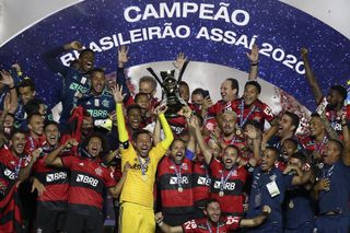 Flamengo players celebrate after winning the Brazilian title in February 2021.