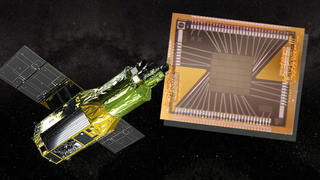(Left) The NASA/JAXA X-ray telescope XRISM (Right) he 6-by-6-pixel microcalorimeter array at the heart of Resolve, an instrument on XRISM