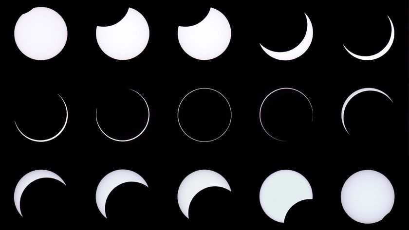 A composite image showing the various stages of an annular solar eclipse. Three rows of 5 sun images are shown on a black background, with the middle row showing the climax of the eclipse.