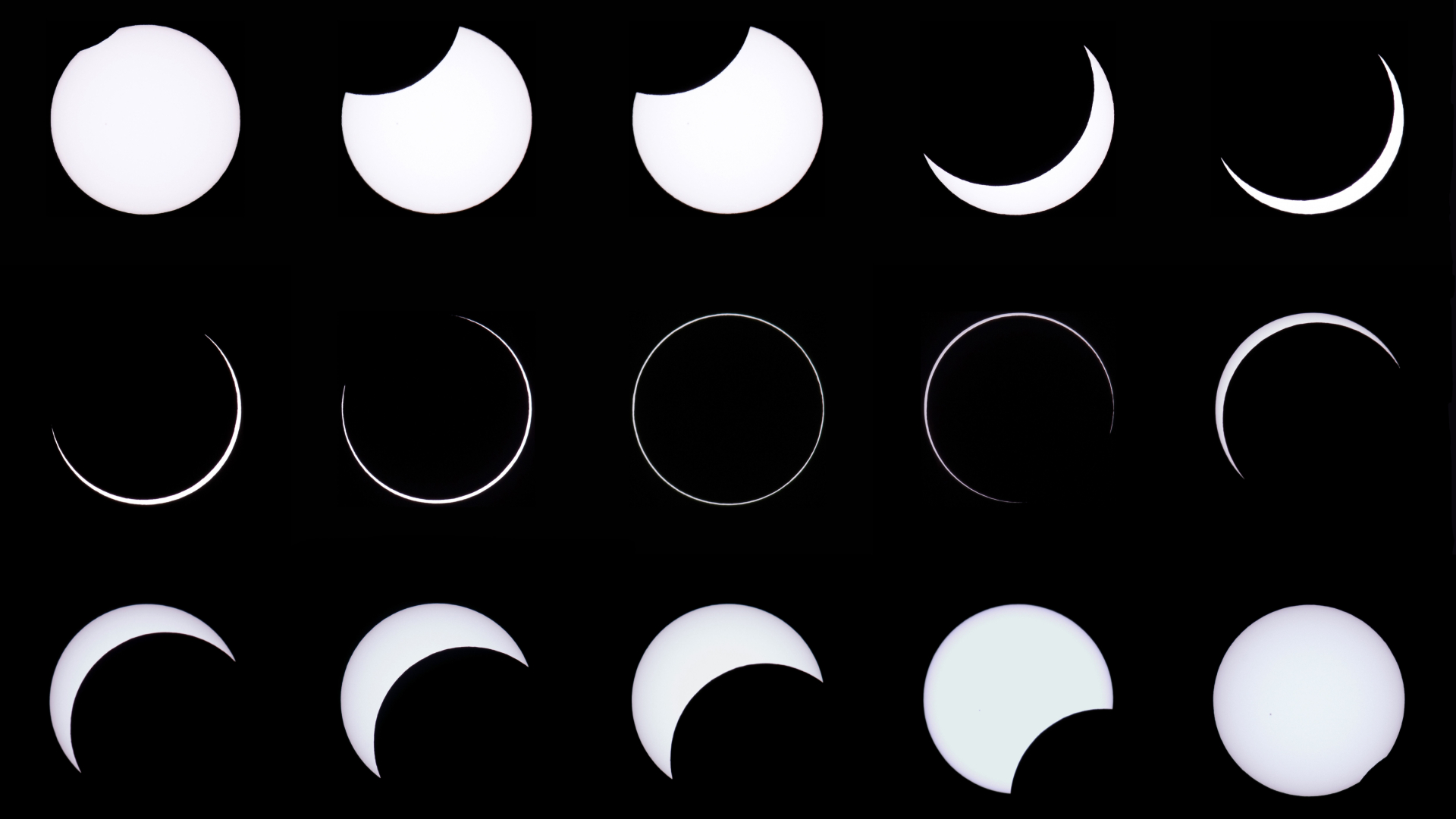 A composite image showing the various stages of an annular solar eclipse. Three rows of 5 sun images are shown on a black background, with the middle row showing the climax of the eclipse.