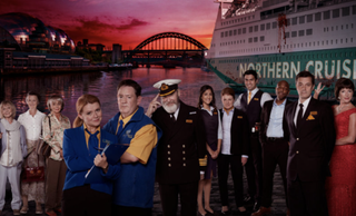 Death on the Tyne cast posing in front of the Newcastle quayside