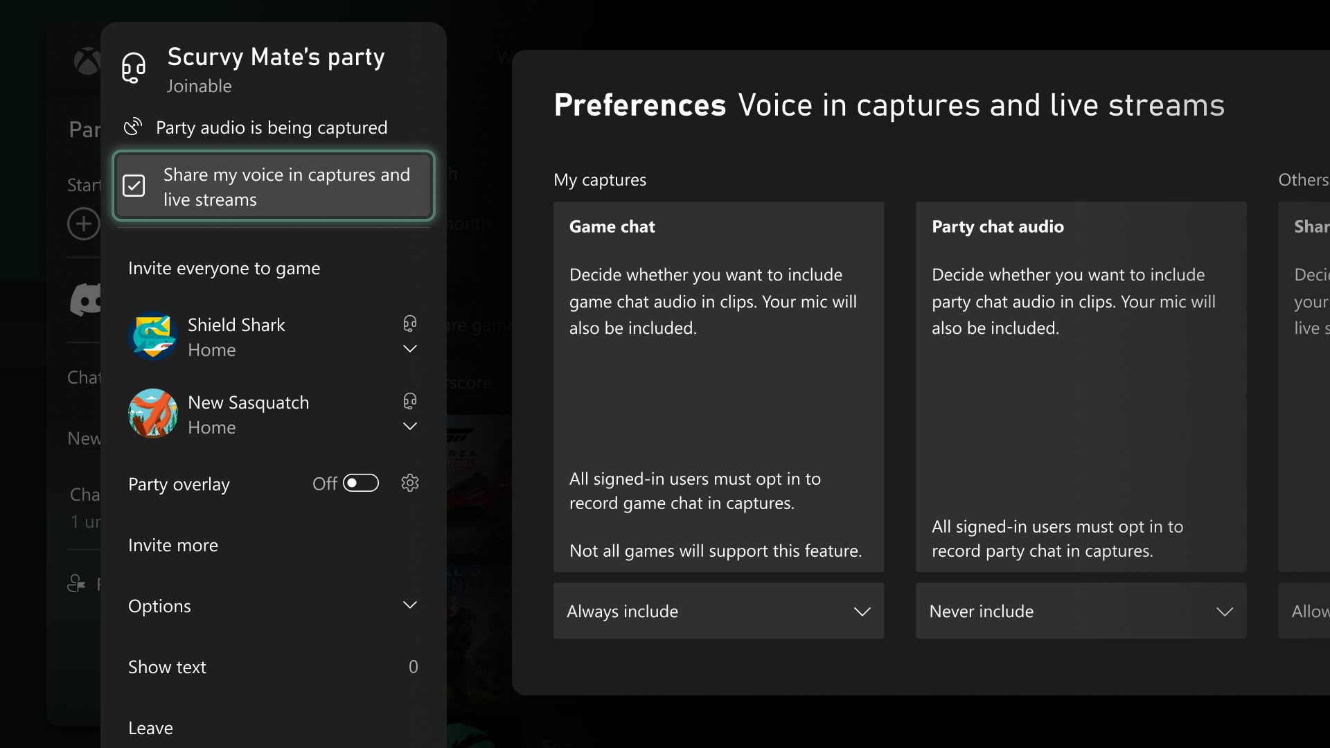 Display screen showing a player operating the Voice in Captures and Live Streams menu