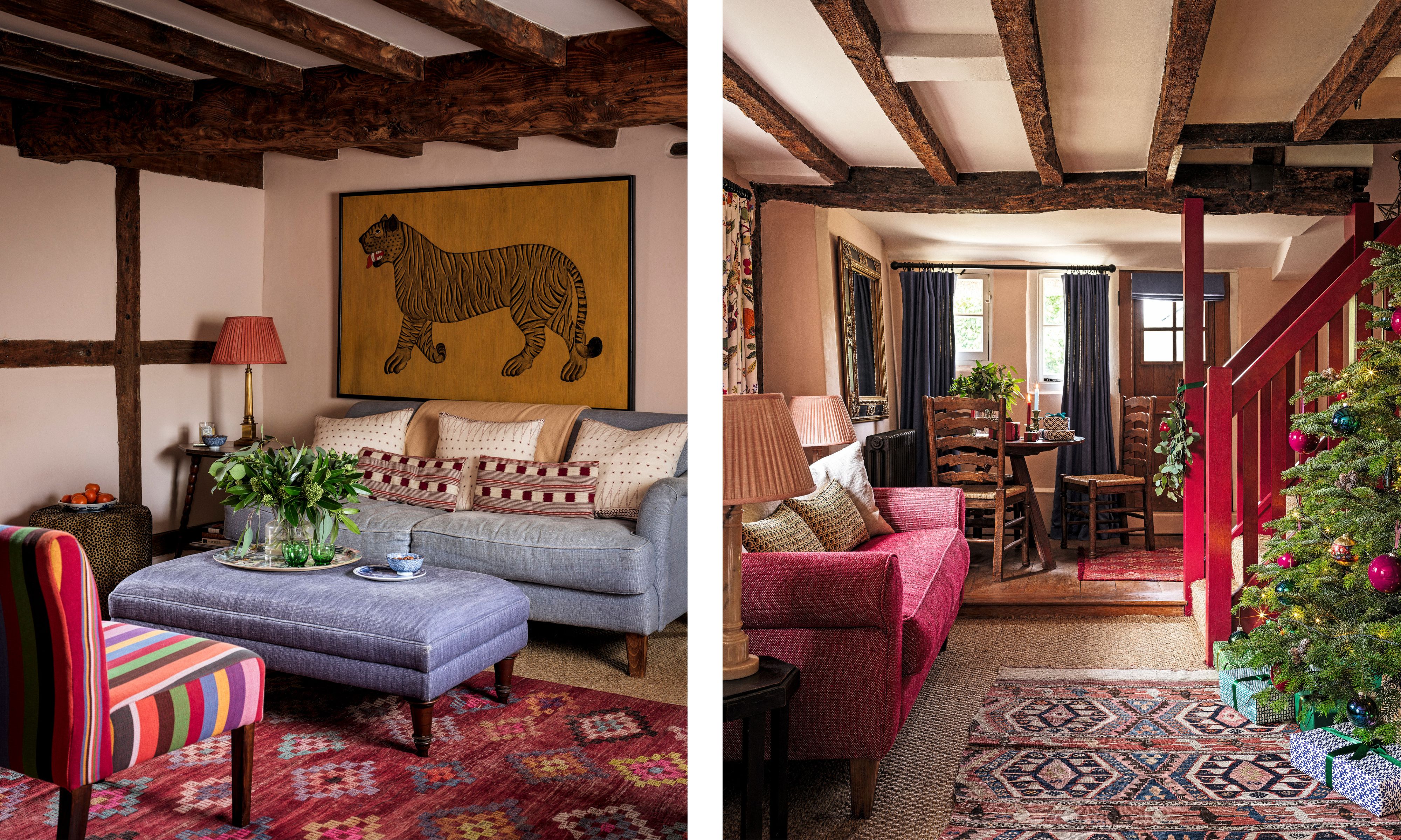 A diptych showcasing a colorful living space. The left side features a light blue sofa with an oversized indigo ottoman and a vibrant red and yellow patterned rug. A large, bold yellow tapestry depicting a tiger hangs above the sofa. The right side shows the an open entry area with a red staircase and a decorated Christmas tree, there is a red sofa at the bottom of the stairs and a seating area with a wooden table and chairs beyond the stairs.