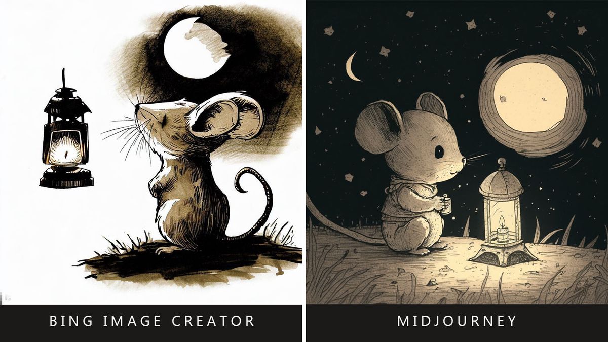 Bing Image Creator vs Midjourney prompt: Little mouse ink drawing.
