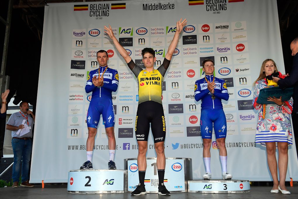 Lampaert, Van Aert and Evenepoel on the Belgian time trial podium