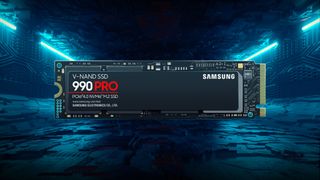 A Samsung 990 Pro SSD against a technological blue-lit background.
