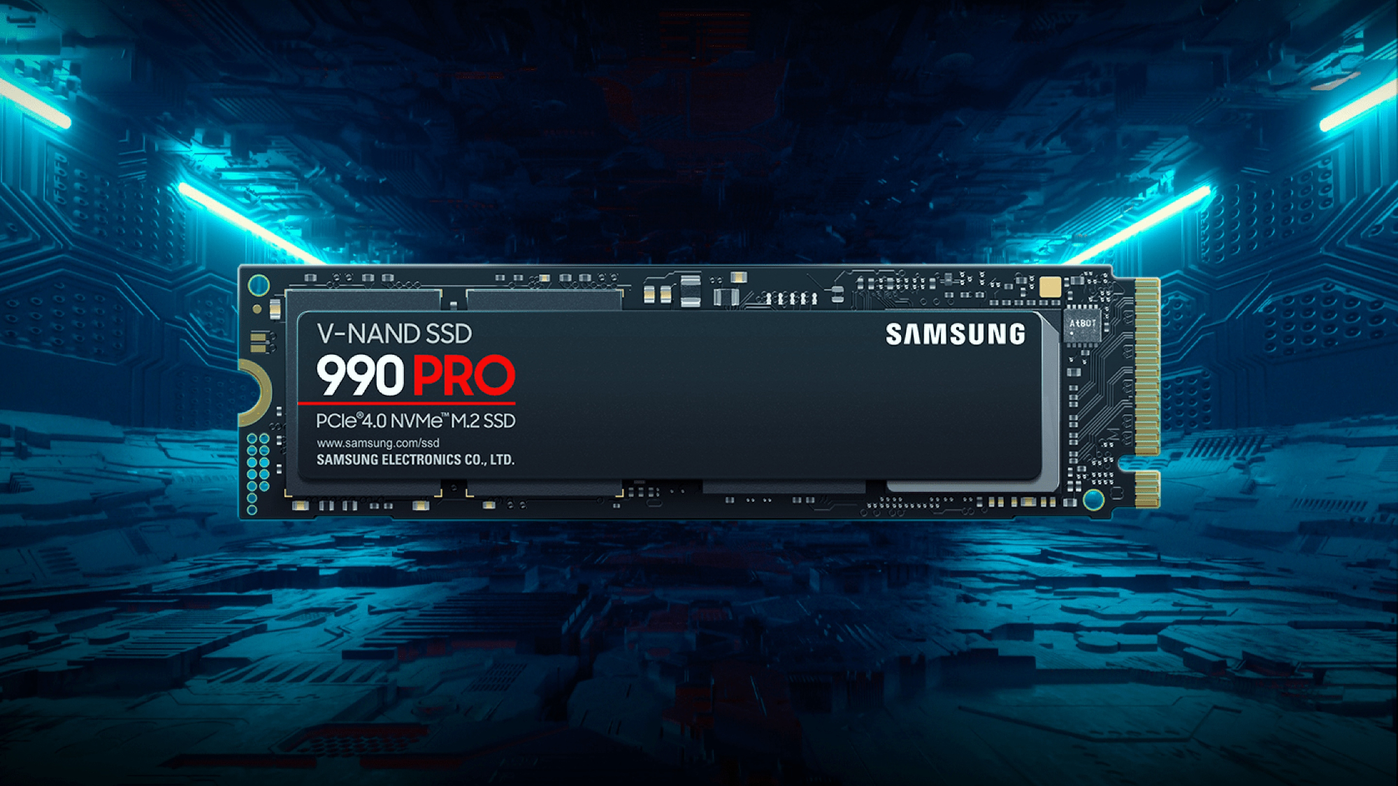 A Samsung 990 Pro SSD against a technological blue-lit background.
