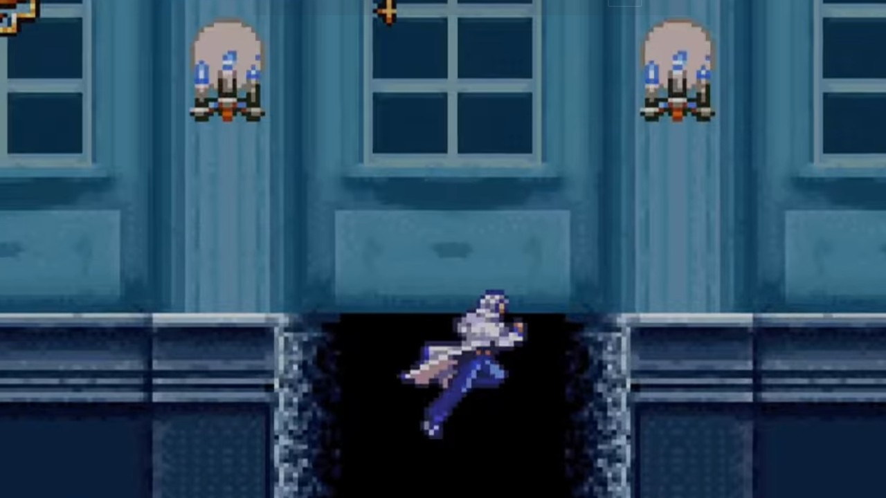 Soma leaping to a higher platform in Castlevania: Aria of Sorrow