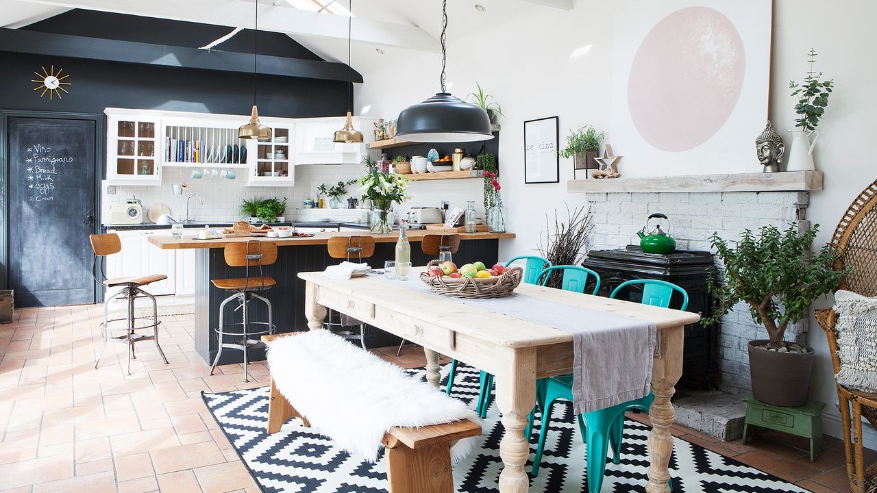 cottage with white wall and dining table and counter with chairs