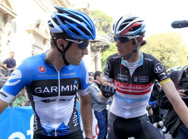 Frank Schleck (RadioShack-Nissan) and Christian Vandevelde (Garmin - Barracuda) have words at the finish