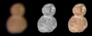 This first color photo of the Kuiper Belt object Ultima Thule reveals the object's red color as seen by NASA's New Horizons spacecraft from a distance of 85,000 miles (137,000 kilometers) during a Jan. 1, 2019 flyby. From left to right: an enhanced color image, a higher-resolution black and white image, and an overlay that combines both into a more detailed view.
