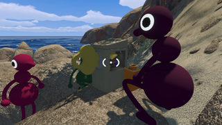 Big Walk screenshot showcasing a couple of characters squatting on the beach in front of a key thing