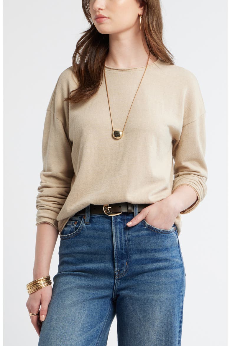 Roll Crewneck Boxy Long Sleeve Cotton Blend Top