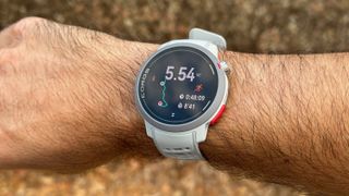 A 5-mile run summary on the COROS PACE Pro AMOLED display