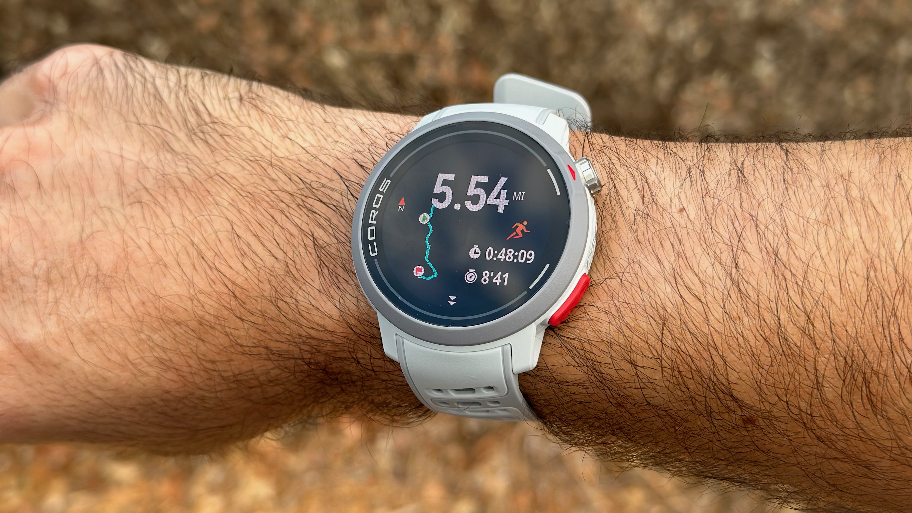 A 5-mile run summary on the COROS PACE Pro AMOLED display