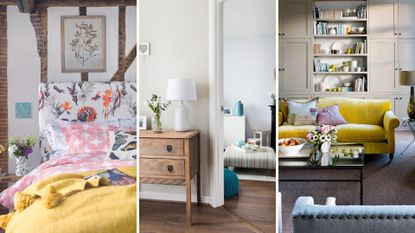 collage of three images of a bedroom hallway and living room to highlight common dusting mistakes when doing chores
