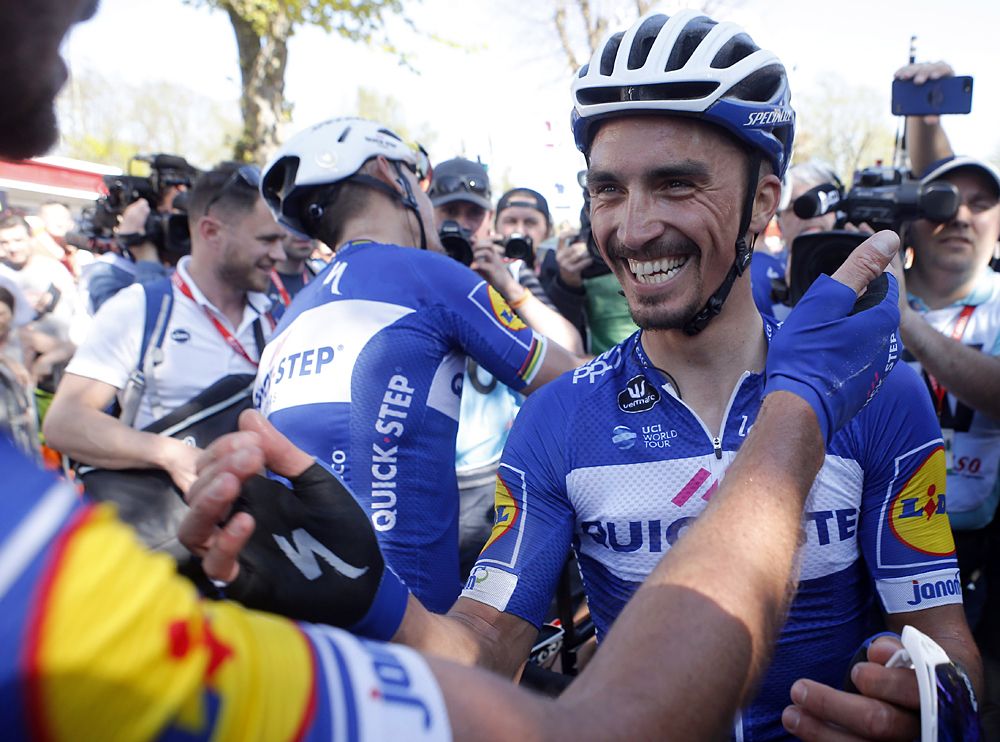 Julian Alaphilippe (Quick-Step Floors) celebrates his victory at 2018 Fleche Wallonne