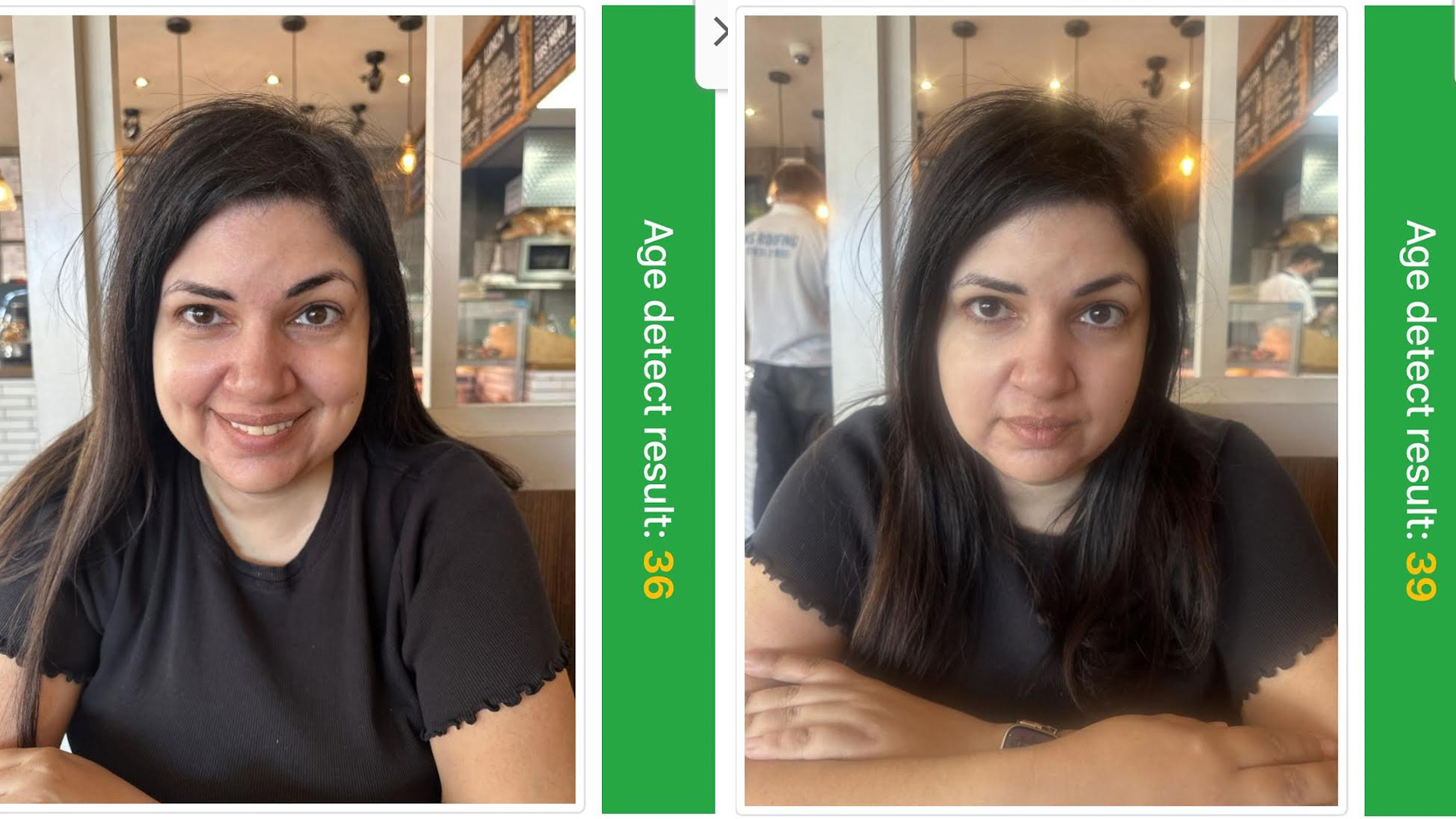 Two portraits taken on phone, one after the other, one smiling, and the AI age detect results (36 for the smile, and 39 for the other).