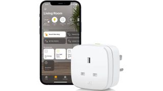 Eve smart plug and phone app on a white background