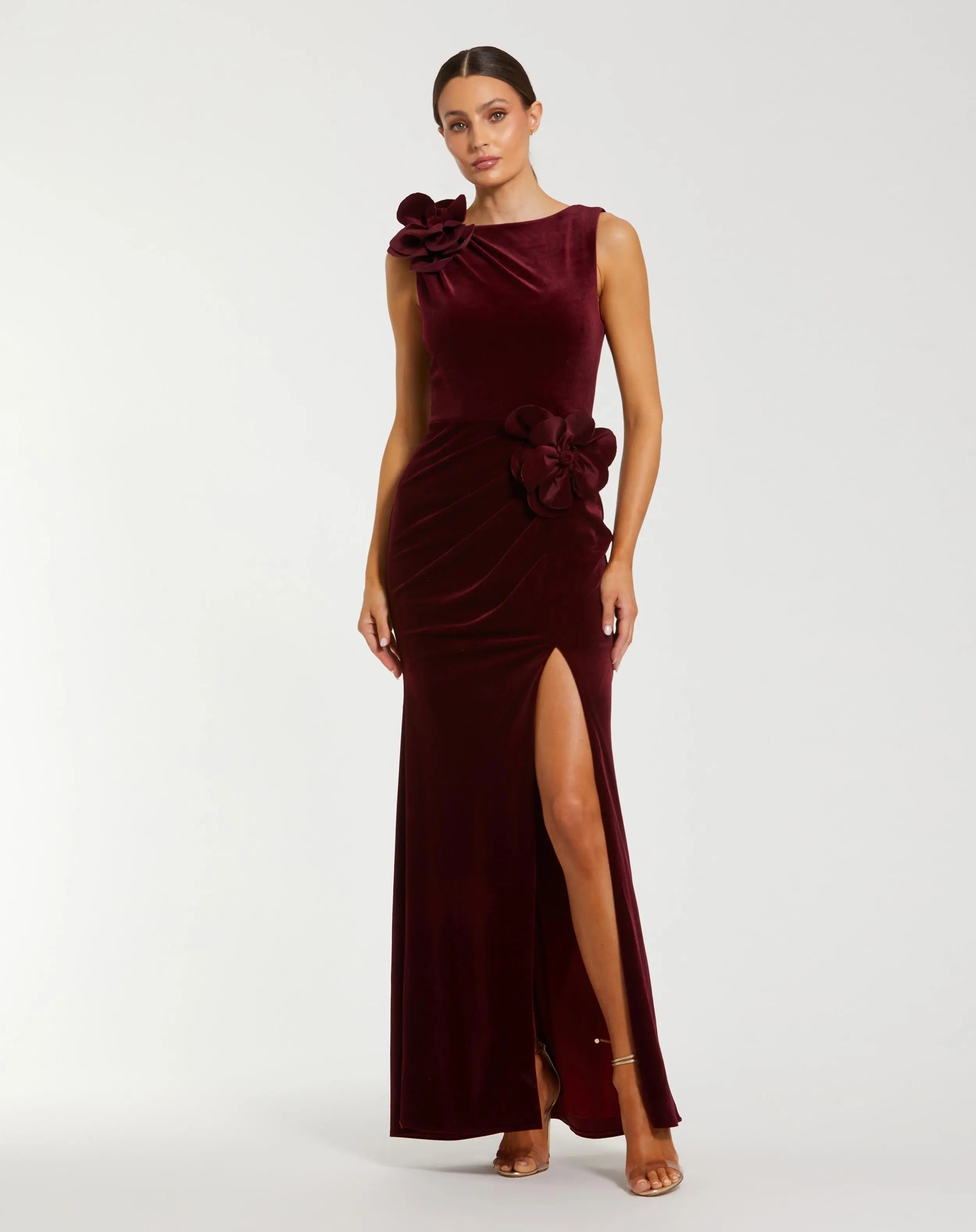 Red High Neck Velvet Column Gown With 3d Flowers