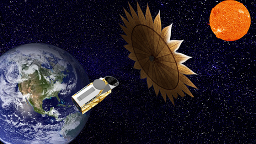 illustration of a space telescope orbiting earth, with the sun in the background