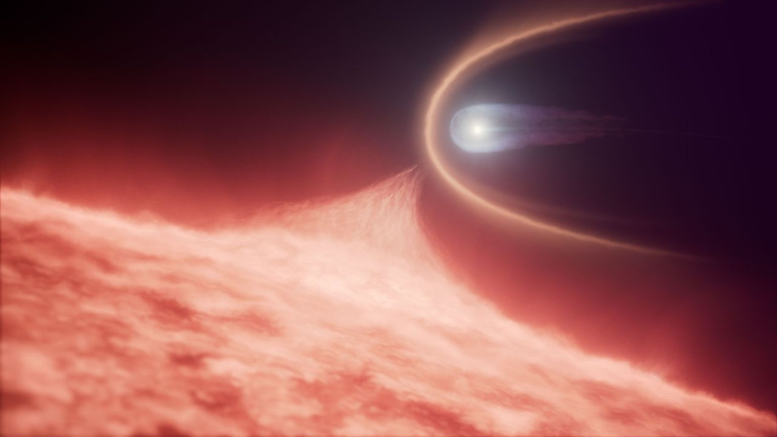 A glowing blue ball of light is surrounding by swirling red clouds of gas in the darkness of space