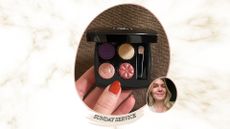 Chanel Les 4 Ombres Boutons eyeshadow in it's palette on a brown corduroy backdrop beside an image of fiona mckim wearing the eyeshadow in Baroque medium in a cream sweatshirt