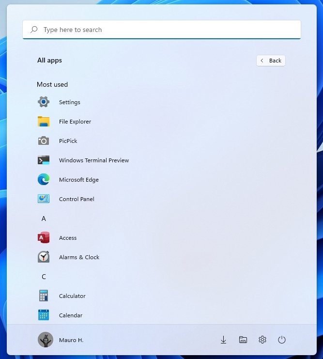 Start menu all apps list